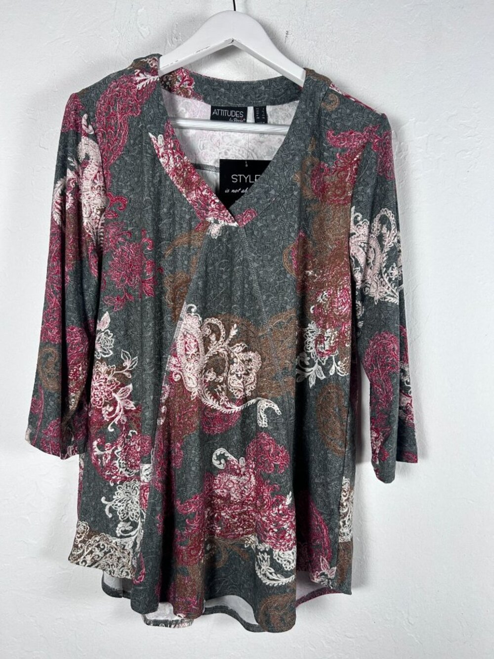 Attitudes By Renee Womens Paisley V-Neck Top Large Multicolor 3/4 Sleeve New